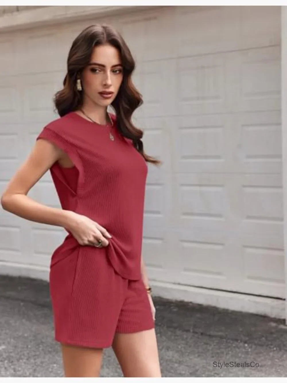 Women's Two Piece Lounge Shorts Set Cap Sleeve Crewneck Matching Outfit with